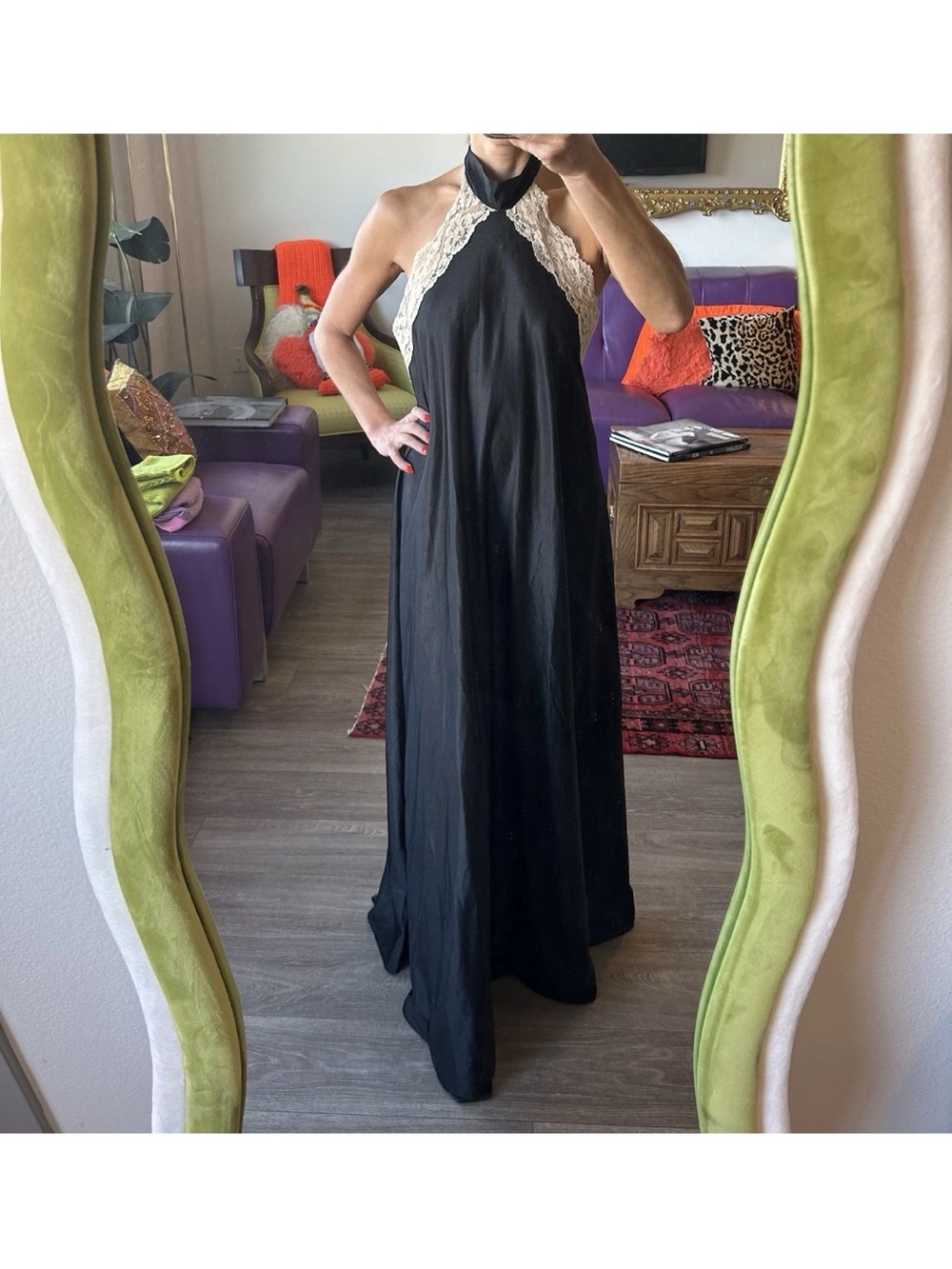Vintage Black Satin Lace Halter Maxi Dress Backless Slip Gown M 90s Style
